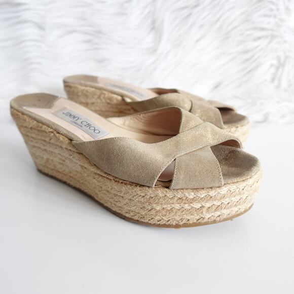 Jimmy Choo Tan Sparkly Gold Espadrille Platform Sandals - Picture 2 of 16